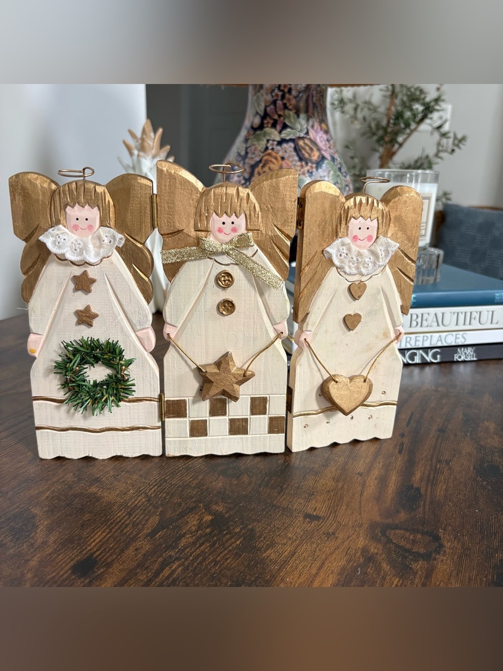 Vintage Wooden Hinged Angel Christmas Folding Screen Decor Rustic Gold White